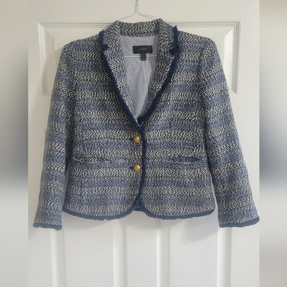 J. Crew Navy and White Tweed Frayed-Trim Blazer